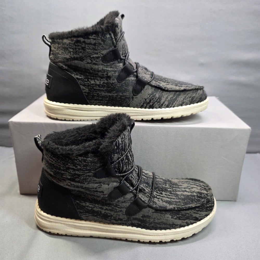 Hey Dude Womens Lea Boots Black Gray Slip On Ankle High Top‎ Faux Fur Size 8